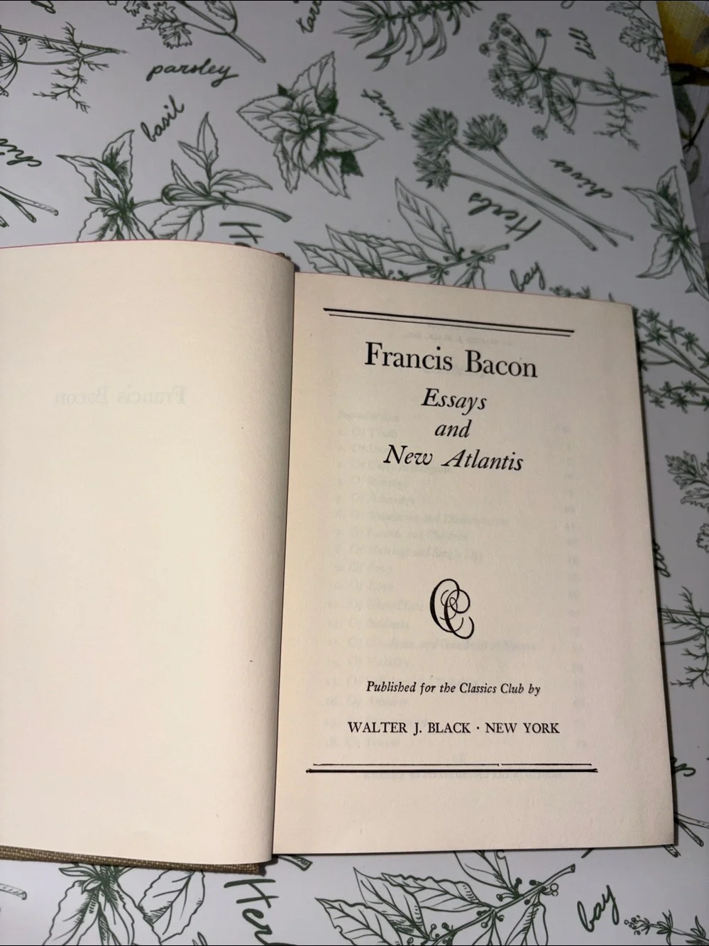 Vintage Essays and New Atlantis by Francis Bacon, publisher Walter J. Black 1942
